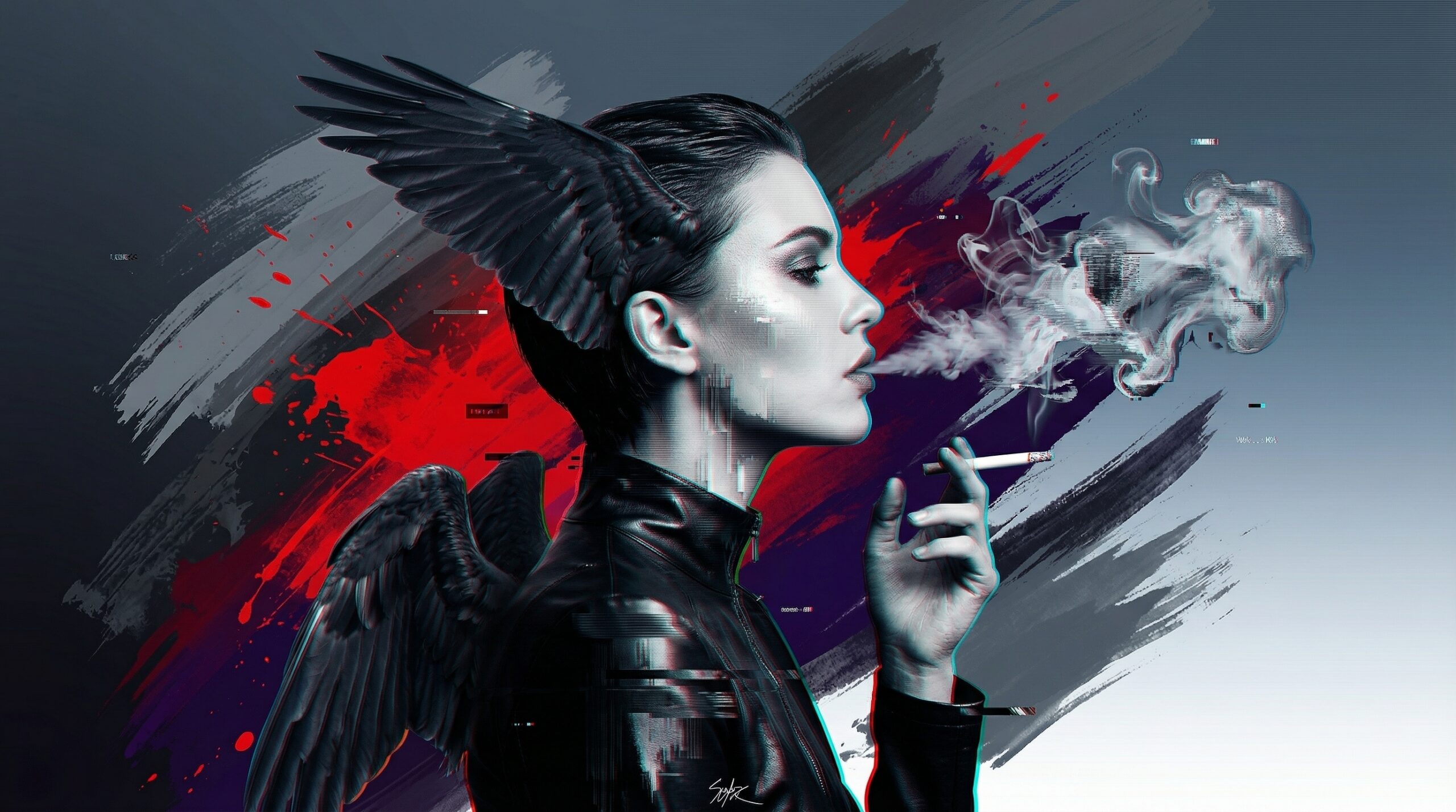 Fallen Angel Smoking – Dark Digital Art of Fragmented Identity